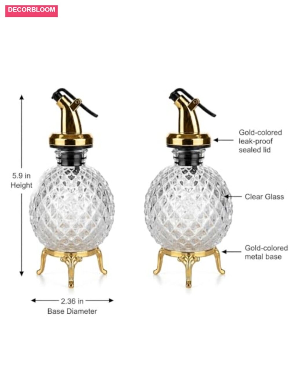 Oil and Vinegar Cruet Set 2pc Glass Bottles with Gold Metal Stand - Picture 2 of 6